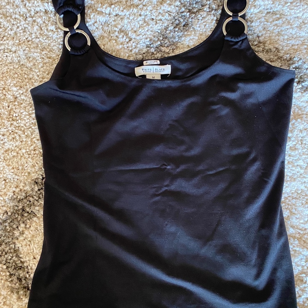 Body Con stretch black top with silver hoops, size M